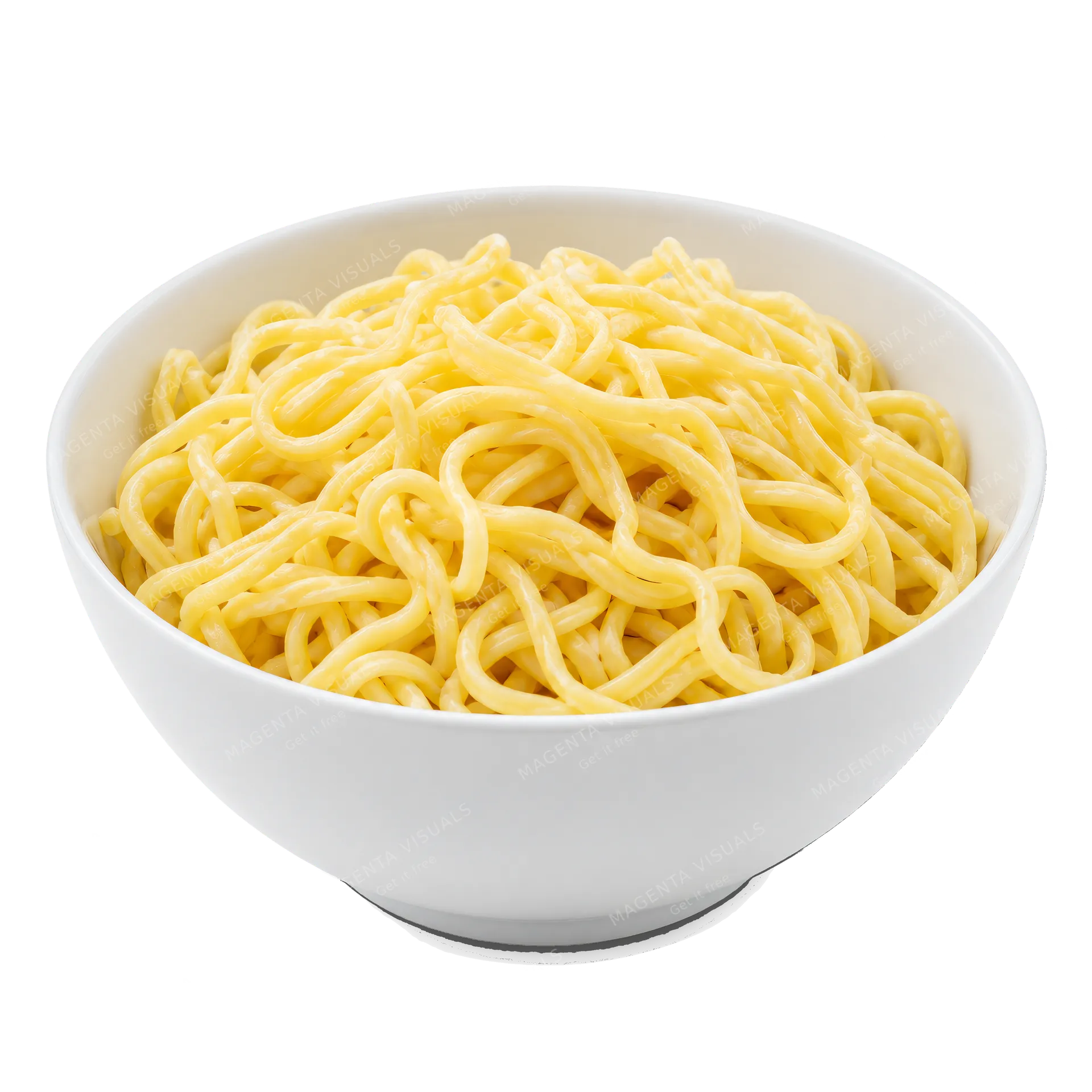 4K transparent cutout of product photography of a single bowl of fresh egg noodles, isolated object, entire subject visible, centered in frame, pure white background, seamless white backdrop, high key stu…