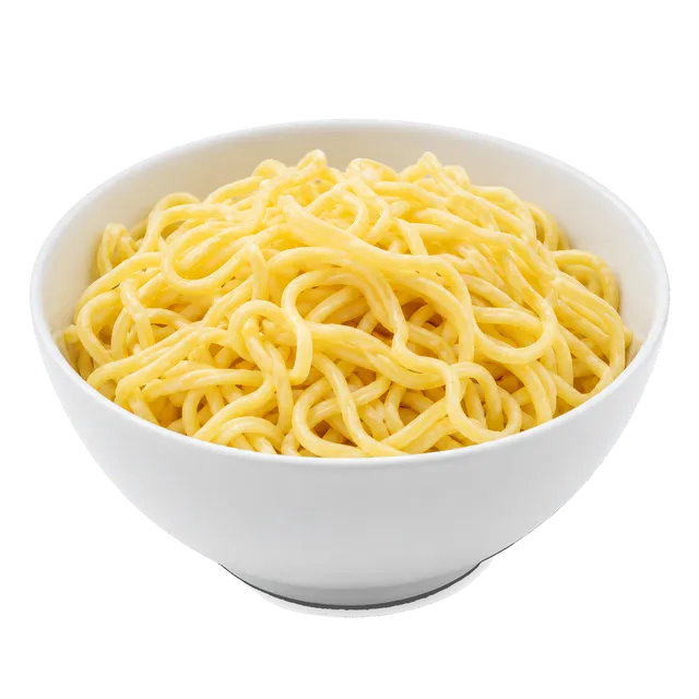 4K transparent cutout of product photography of a single bowl of fresh egg noodles, isolated object, entire subject visible, centered in frame, pure white background, seamless white backdrop, high key stu…