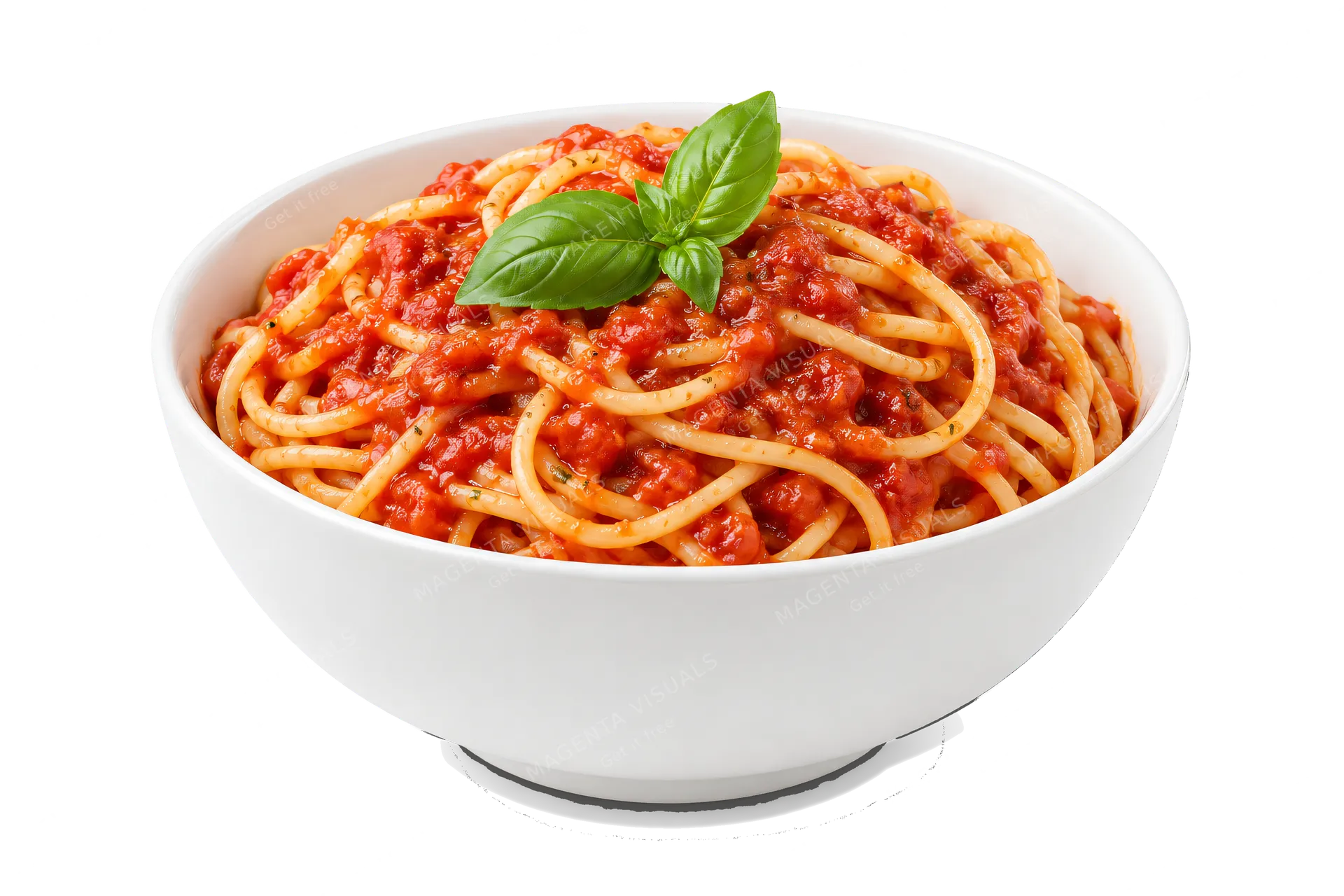 4K transparent cutout of product photography of a single white ceramic bowl of fresh spaghetti pasta with marinara sauce and a basil leaf garnish, isolated object, entire subject visible, centered in fram…