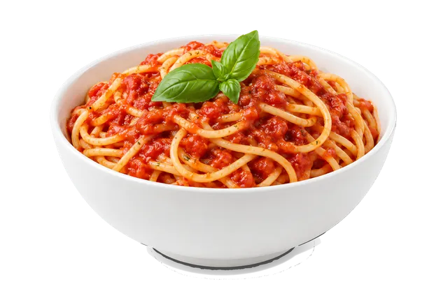 4K transparent cutout of product photography of a single white ceramic bowl of fresh spaghetti pasta with marinara sauce and a basil leaf garnish, isolated object, entire subject visible, centered in fram…