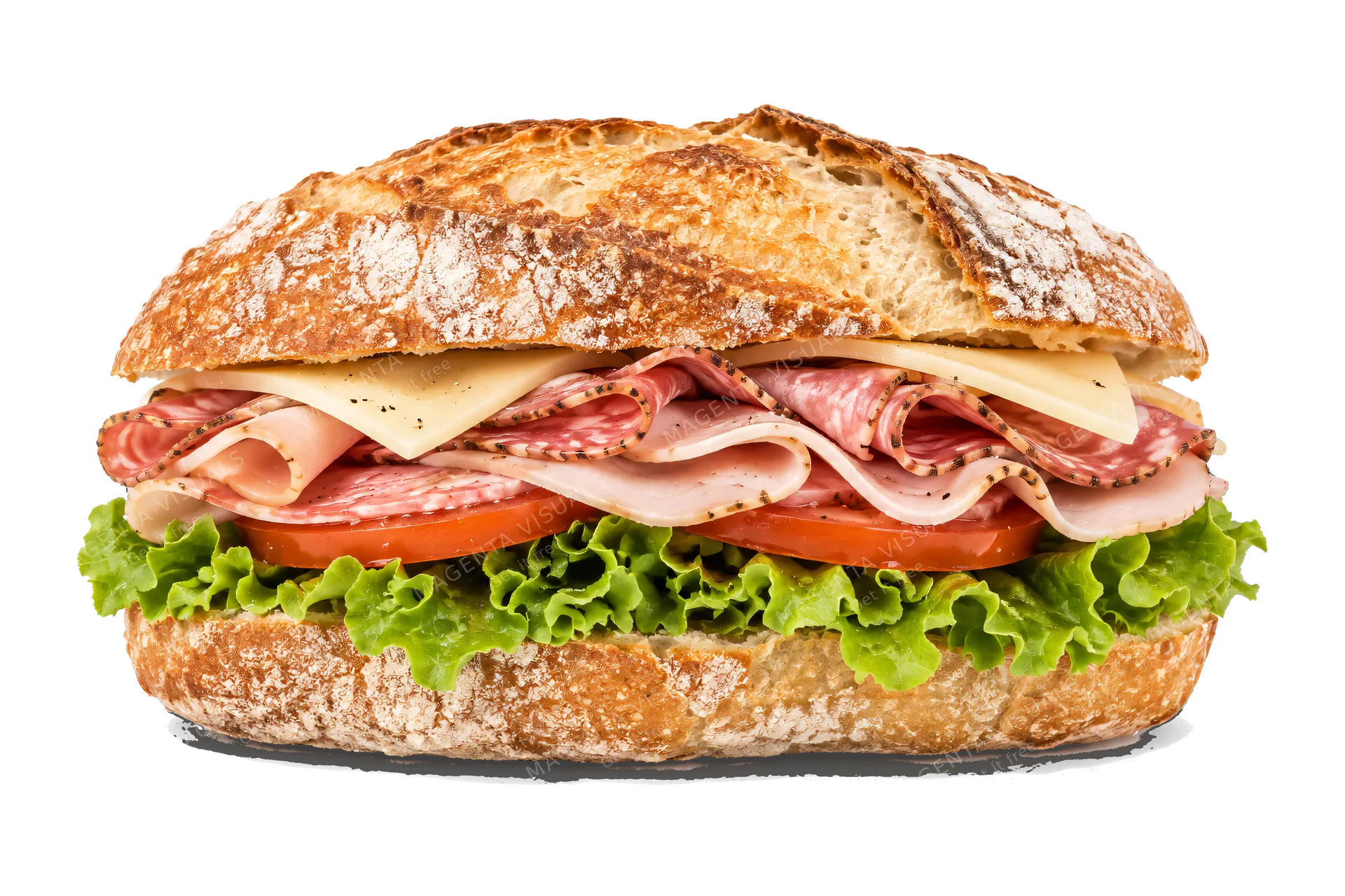 4K transparent cutout of product photography of a single fresh artisan sandwich with crusty bread, layered with deli meats, cheese, crisp lettuce, and tomatoes, isolated object, entire subject visible, ce…