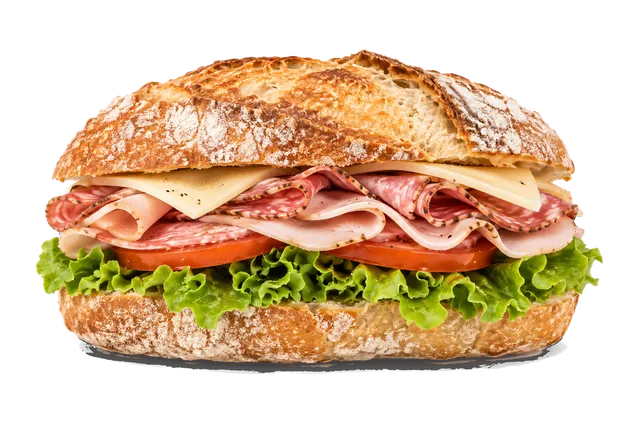4K transparent cutout of product photography of a single fresh artisan sandwich with crusty bread, layered with deli meats, cheese, crisp lettuce, and tomatoes, isolated object, entire subject visible, ce…