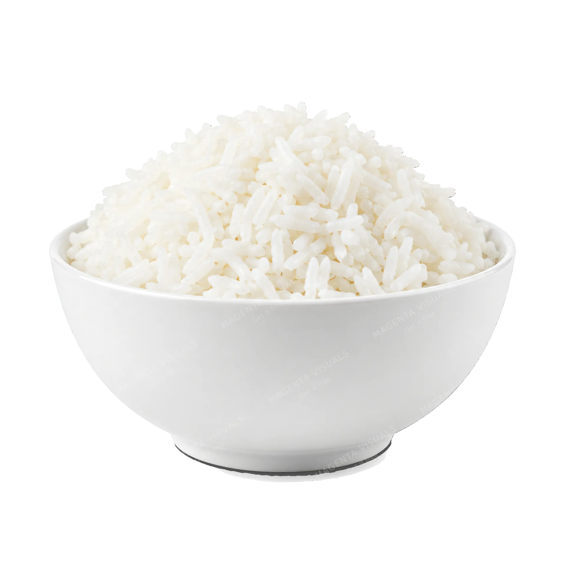 4K transparent cutout of product photography of a single mound of fluffy white rice in a minimalist white bowl, isolated object, entire subject visible, centered in frame, pure white background, seamless…