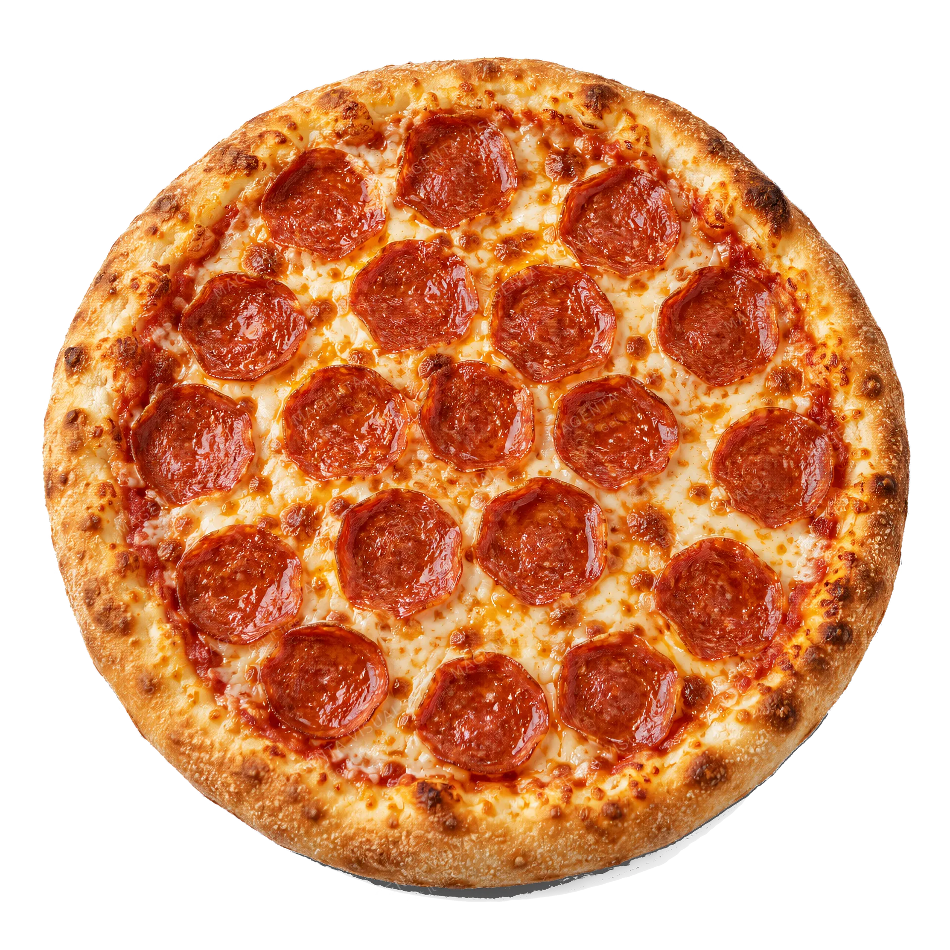 4K transparent cutout of product photography of a single freshly baked round pepperoni pizza with melted mozzarella cheese and a golden crust, isolated object, entire subject visible, centered in frame, p…