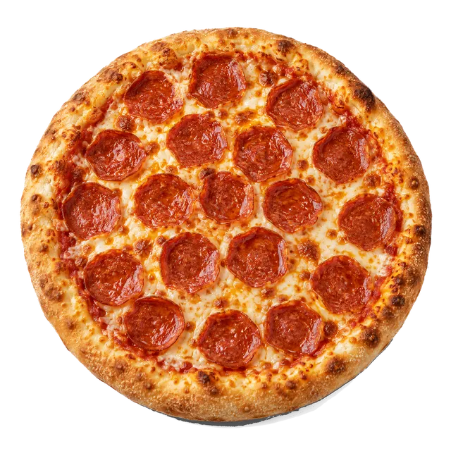 4K transparent cutout of product photography of a single freshly baked round pepperoni pizza with melted mozzarella cheese and a golden crust, isolated object, entire subject visible, centered in frame, p…
