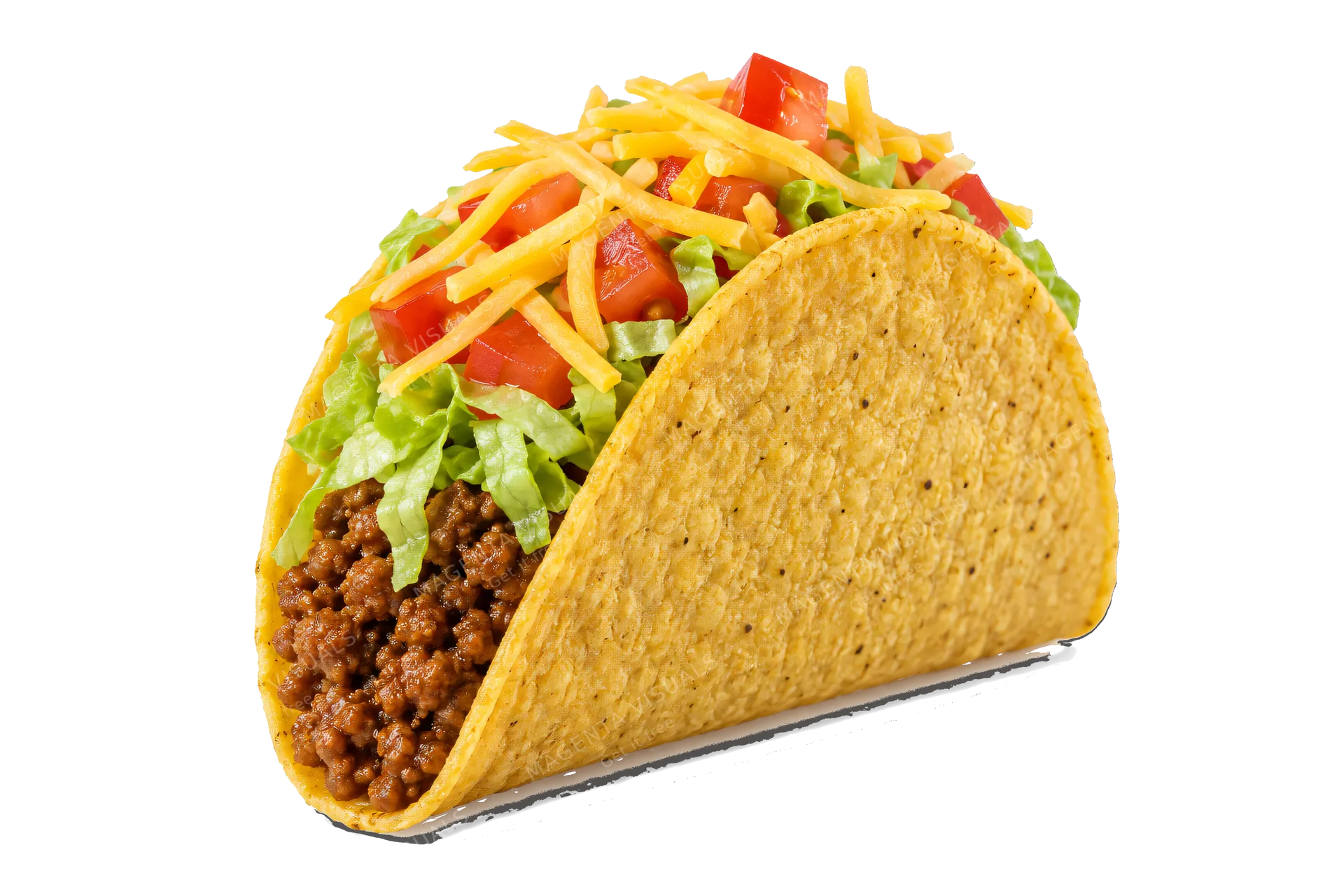 4K transparent cutout of product photography of a single hard shell taco filled with seasoned ground beef, shredded lettuce, diced tomatoes, and shredded cheddar cheese, isolated object, entire subject vi…