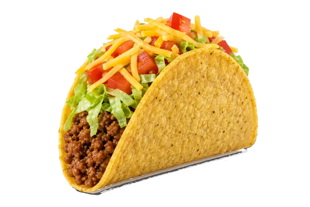 4K transparent cutout of product photography of a single hard shell taco filled with seasoned ground beef, shredded lettuce, diced tomatoes, and shredded cheddar cheese, isolated object, entire subject vi…