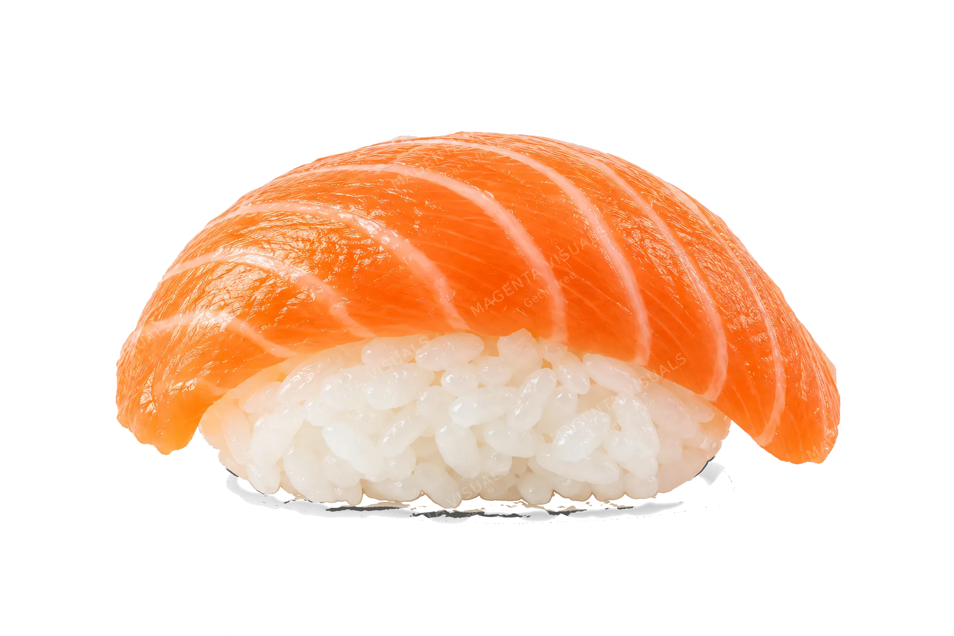 4K transparent cutout of product photography of a single fresh nigiri sushi piece with raw salmon on vinegared rice, isolated object, entire subject visible, centered in frame, pure white background, seam…