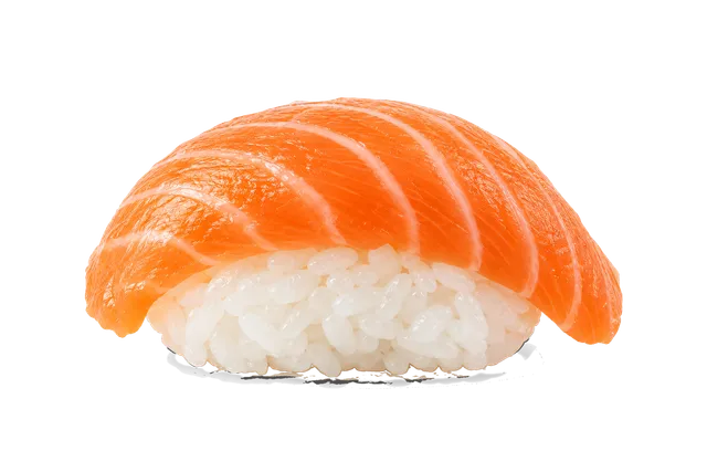 4K transparent cutout of product photography of a single fresh nigiri sushi piece with raw salmon on vinegared rice, isolated object, entire subject visible, centered in frame, pure white background, seam…
