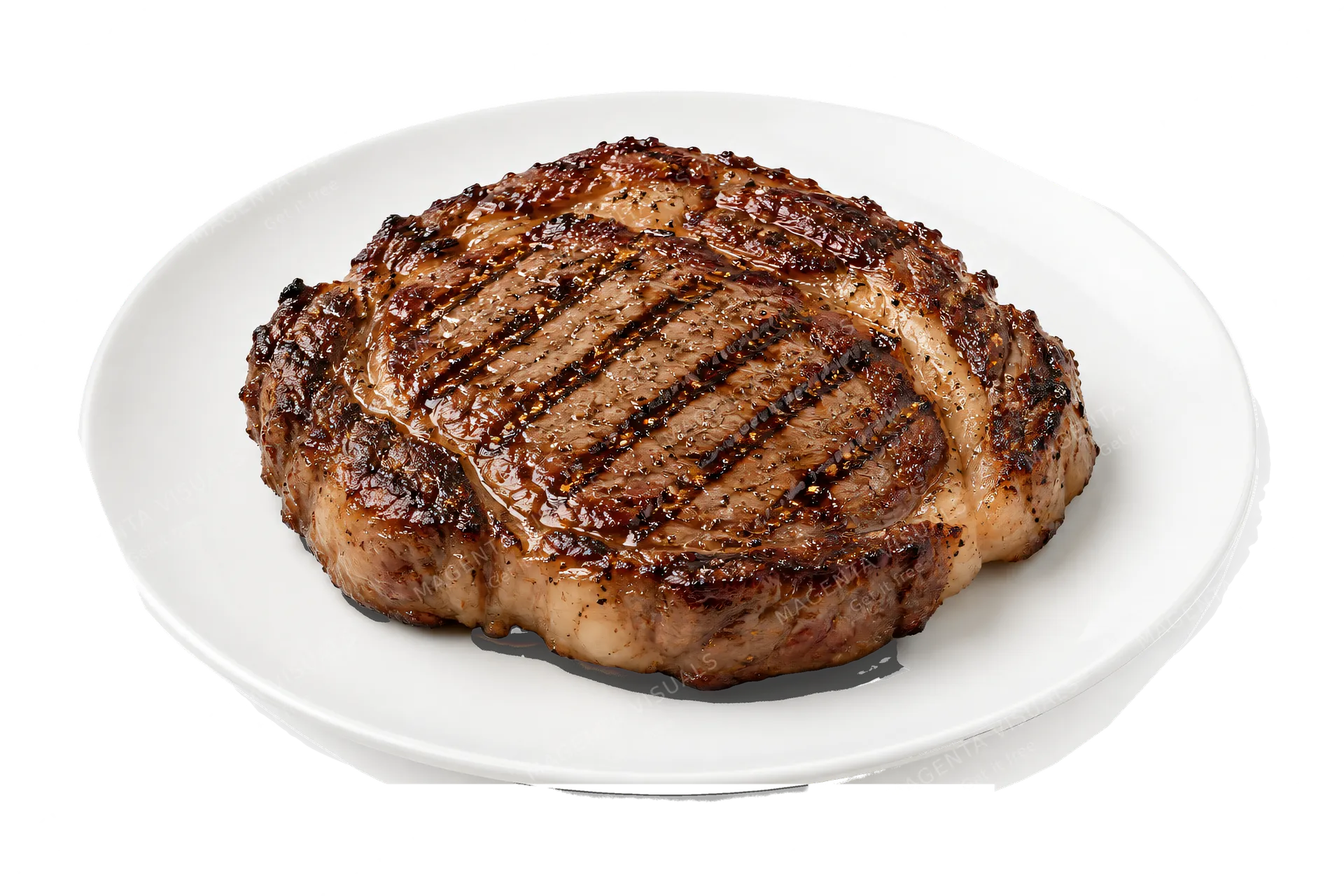4K transparent cutout of product photography of a single grilled ribeye steak with a savory sear and grill marks on a plain white ceramic plate, isolated object, entire subject visible, centered in frame,…