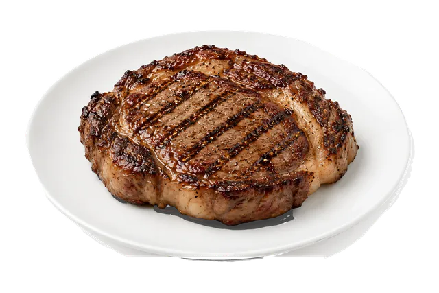 4K transparent cutout of product photography of a single grilled ribeye steak with a savory sear and grill marks on a plain white ceramic plate, isolated object, entire subject visible, centered in frame,…
