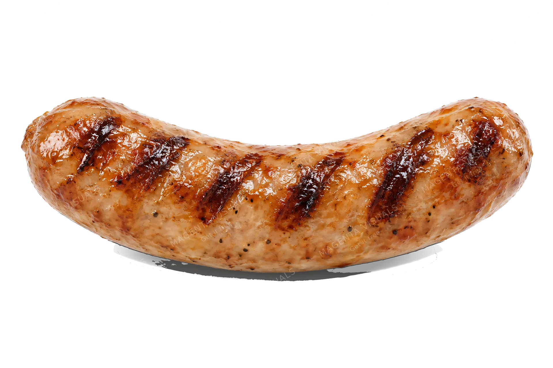 4K transparent cutout of product photography of a single plump, juicy, grilled pork sausage with visible grill marks and a slight glisten of oil, isolated object, entire subject visible, centered in frame…