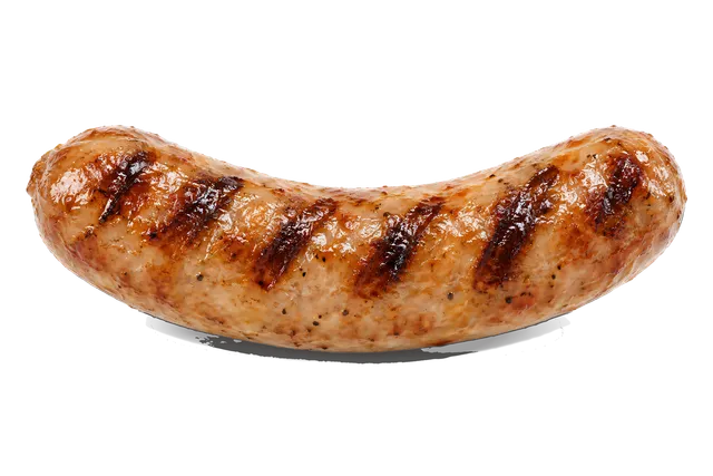 4K transparent cutout of product photography of a single plump, juicy, grilled pork sausage with visible grill marks and a slight glisten of oil, isolated object, entire subject visible, centered in frame…