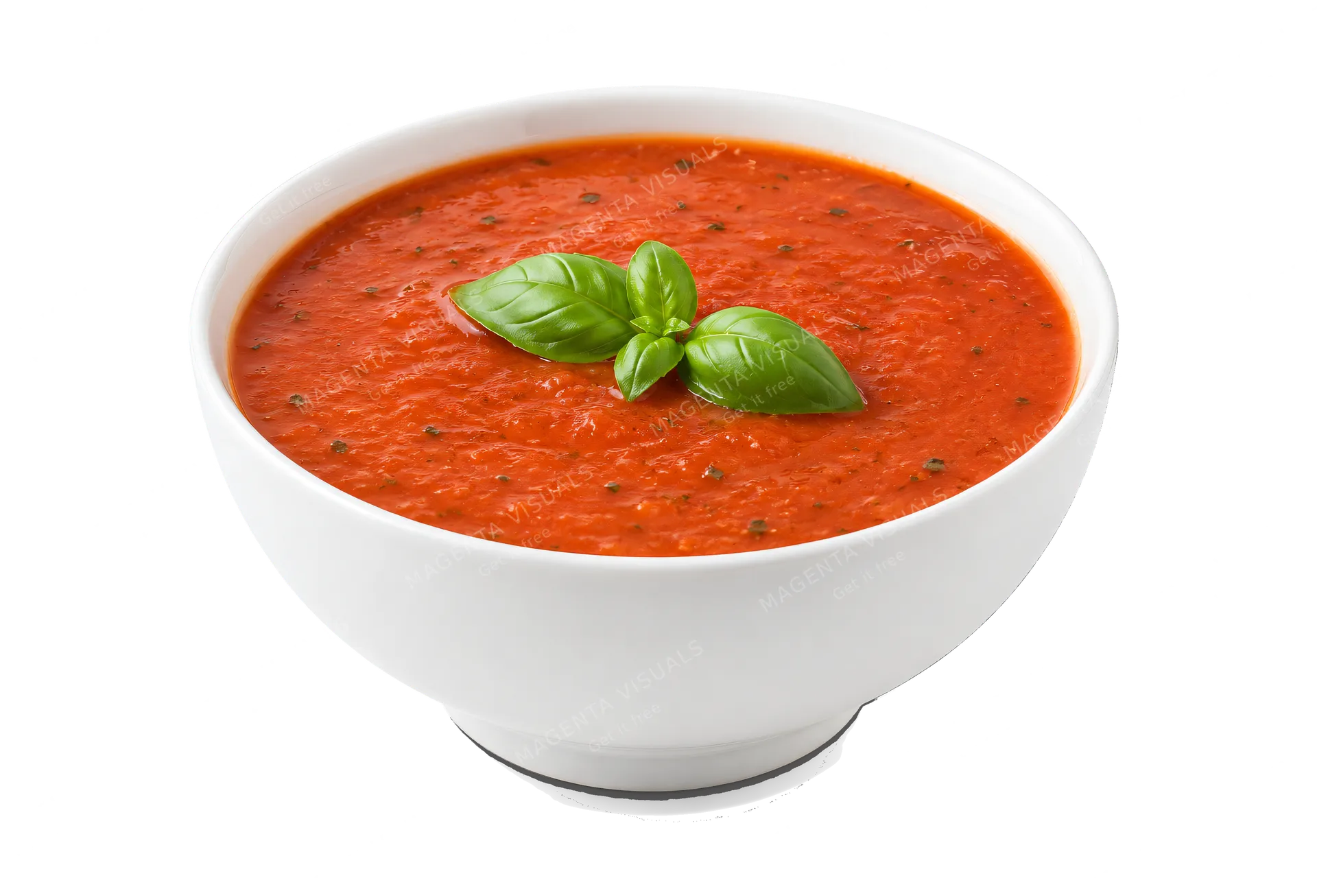 4K transparent cutout of product photography of a single bowl of hot, savory tomato soup with a sprig of fresh basil, isolated object, entire subject visible, centered in frame, pure white background, sea…