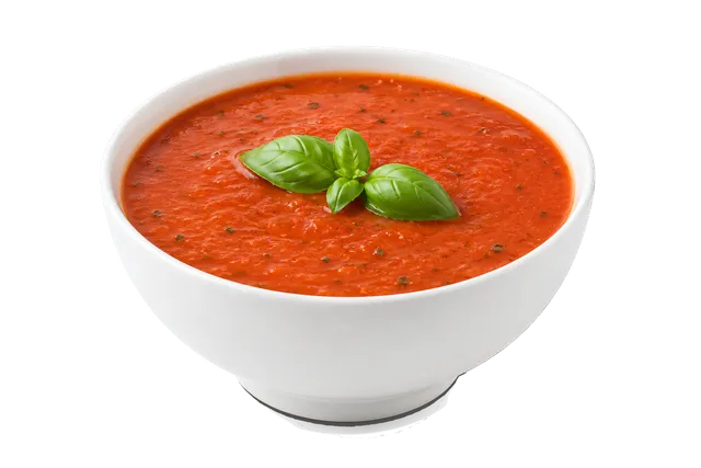4K transparent cutout of product photography of a single bowl of hot, savory tomato soup with a sprig of fresh basil, isolated object, entire subject visible, centered in frame, pure white background, sea…