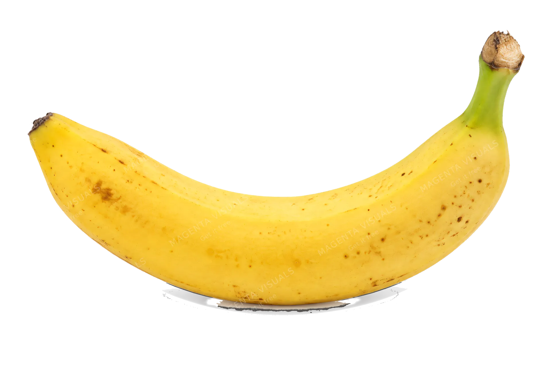 4K transparent cutout of product photography of a single yellow banana, curved shape, smooth peel with subtle brown spots and a green stem, isolated object, entire subject visible, centered in frame, pure…