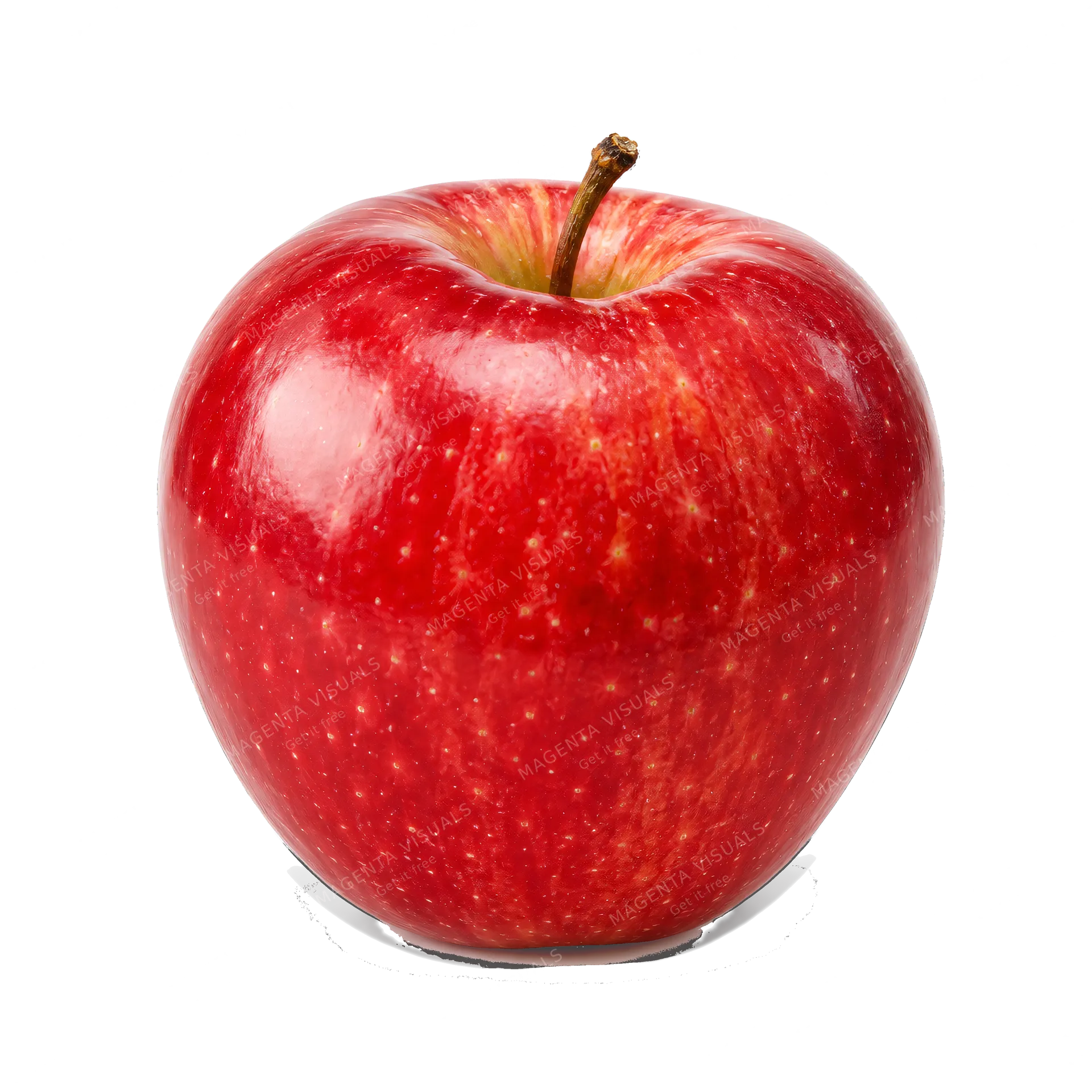 4K transparent cutout of product photography of a single pristine red apple with a smooth glossy skin and a small natural stem, isolated object, entire subject visible, centered in frame, pure white backg…