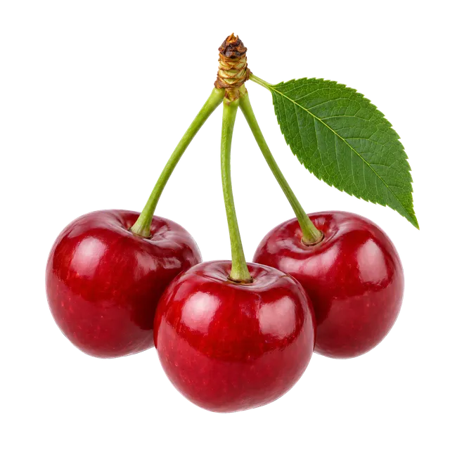 4K transparent cutout of product photography of a single small typical cluster of cherries on a stem, isolated object, entire subject visible, centered in frame, pure white background, seamless white back…