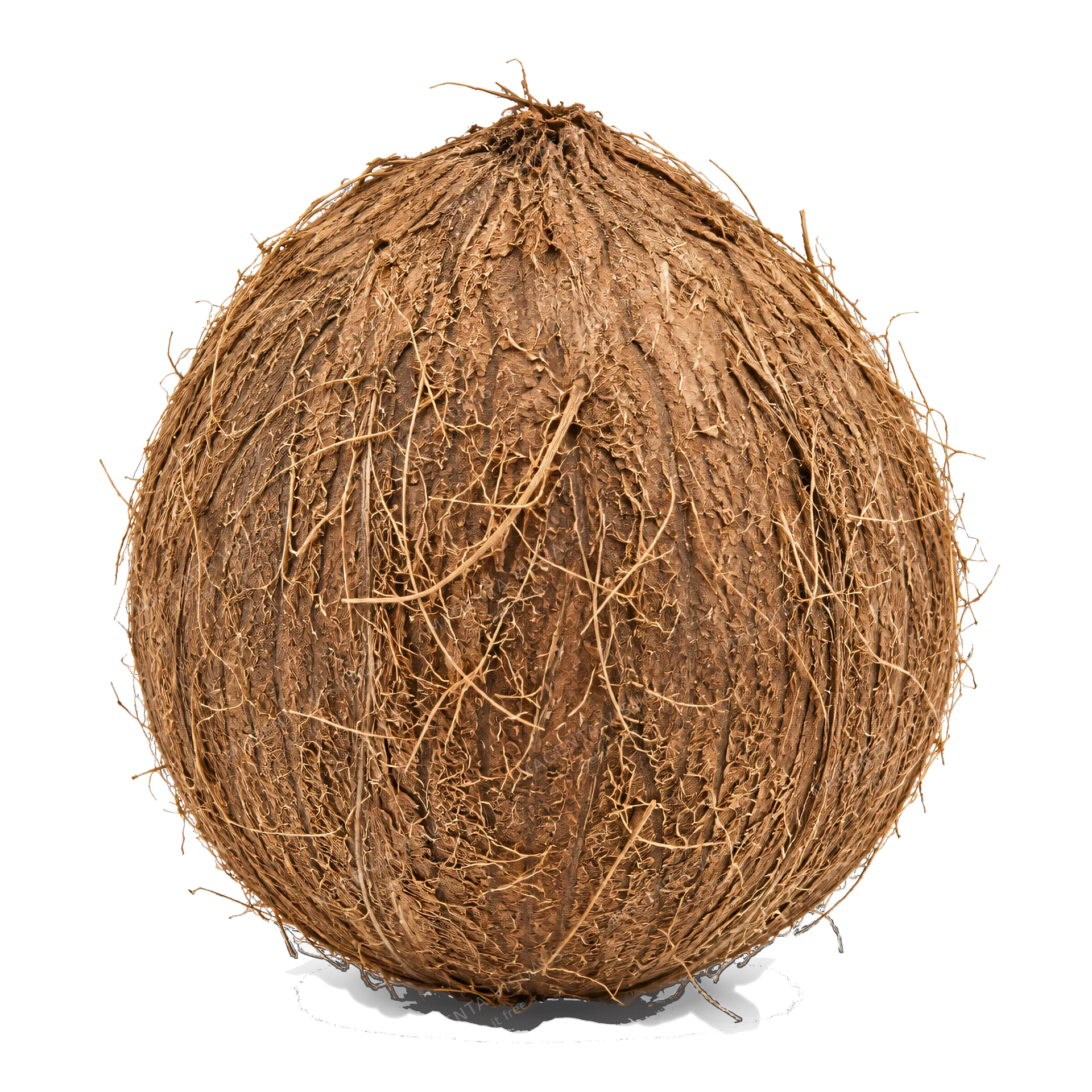 4K transparent cutout of product photography of a single whole, unbroken coconut with a textured brown fibrous husk, isolated object, entire subject visible, centered in frame, pure white background, seam…