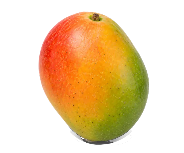 4K transparent cutout of product photography of a single ripe, vibrant orange and green mango, isolated object, entire subject visible, centered in frame, pure white background, seamless white backdrop, h…