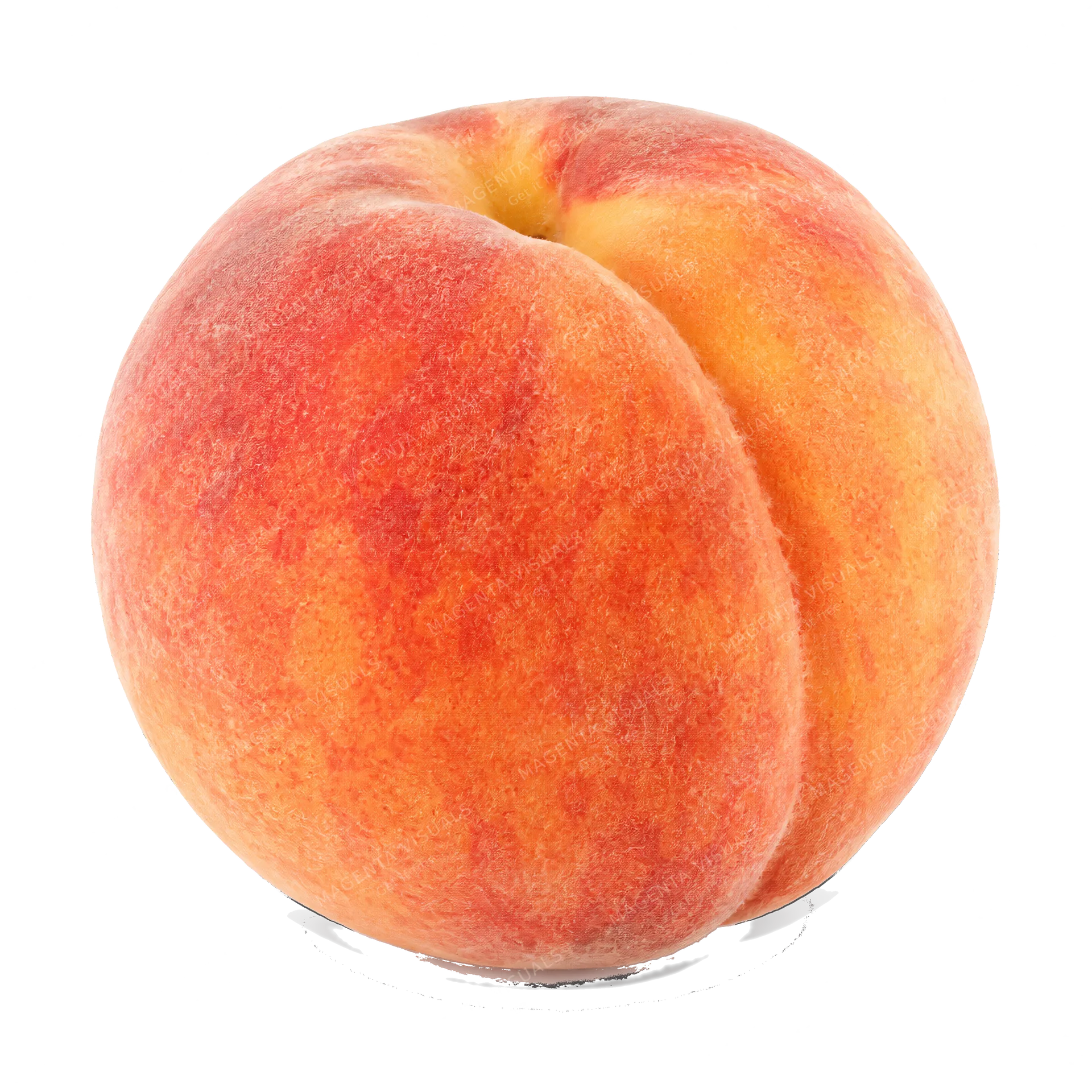 4K transparent cutout of product photography of a single whole ripe peach with a velvety textured skin in shades of soft orange and rosy pink blush, showing a subtle natural crease, isolated object, entir…