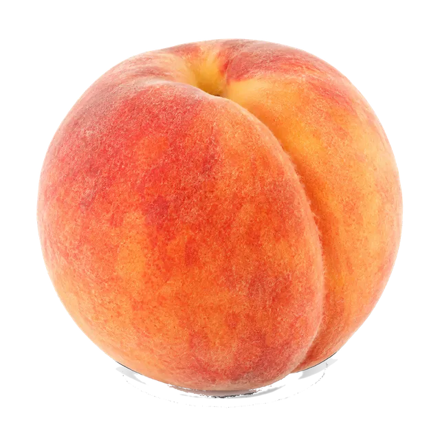 4K transparent cutout of product photography of a single whole ripe peach with a velvety textured skin in shades of soft orange and rosy pink blush, showing a subtle natural crease, isolated object, entir…