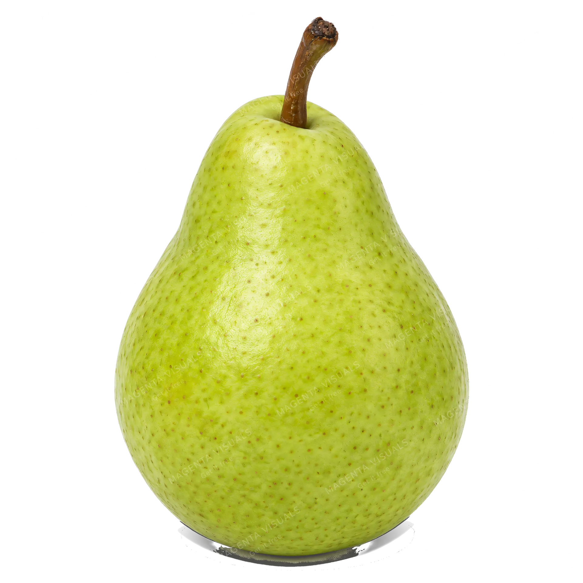 4K transparent cutout of product photography of a single fresh whole green pear with a small brown stem, isolated object, entire subject visible, centered in frame, pure white background, seamless white b…