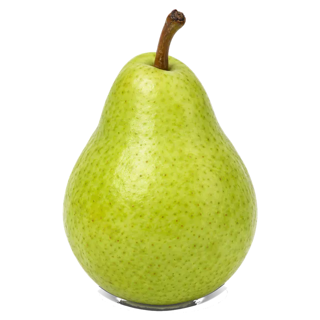 4K transparent cutout of product photography of a single fresh whole green pear with a small brown stem, isolated object, entire subject visible, centered in frame, pure white background, seamless white b…