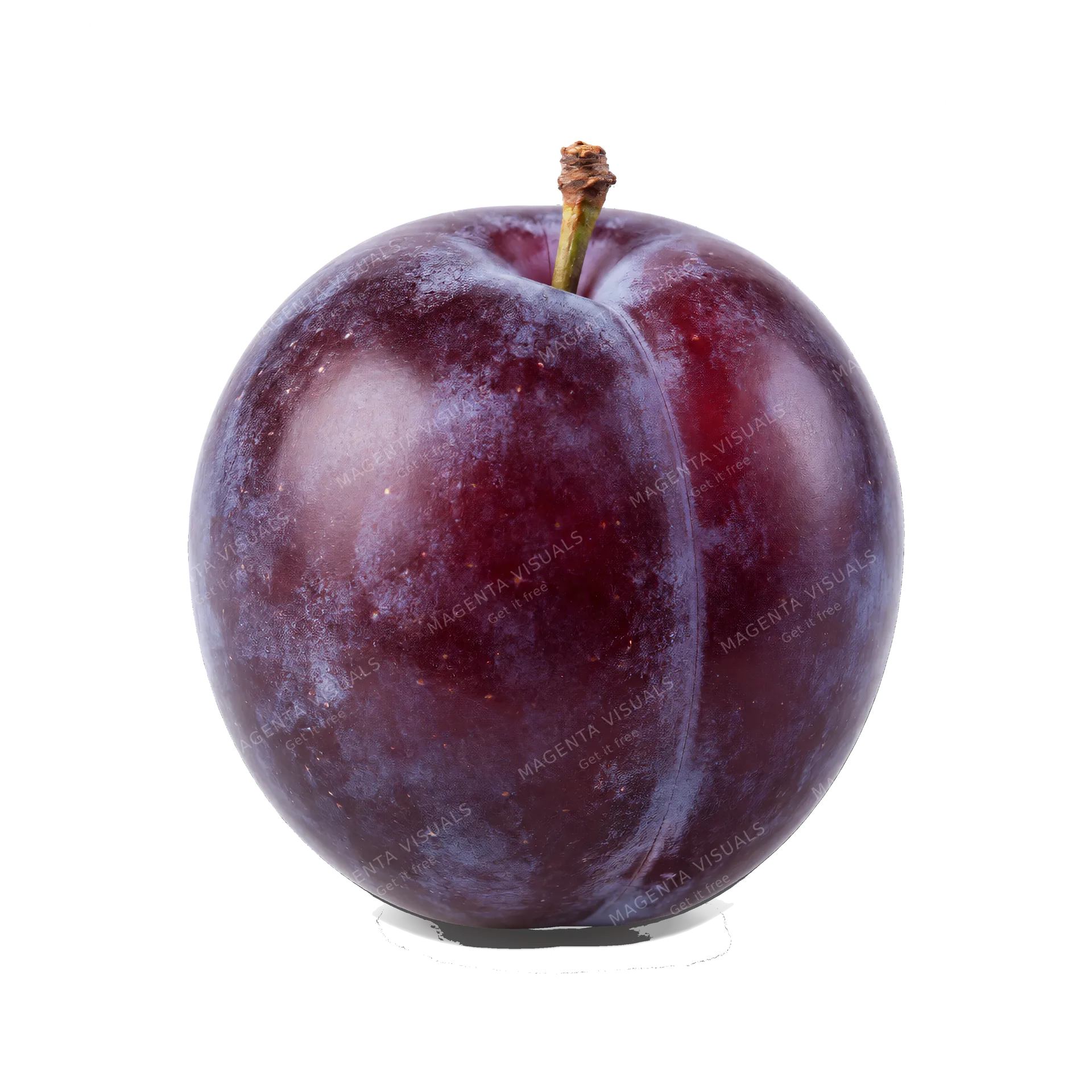 4K transparent cutout of product photography of a single deep purple plum with a smooth skin and a faint powdery bloom, isolated object, entire subject visible, centered in frame, pure white background, s…