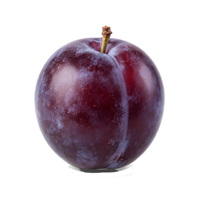 4K transparent cutout of product photography of a single deep purple plum with a smooth skin and a faint powdery bloom, isolated object, entire subject visible, centered in frame, pure white background, s…