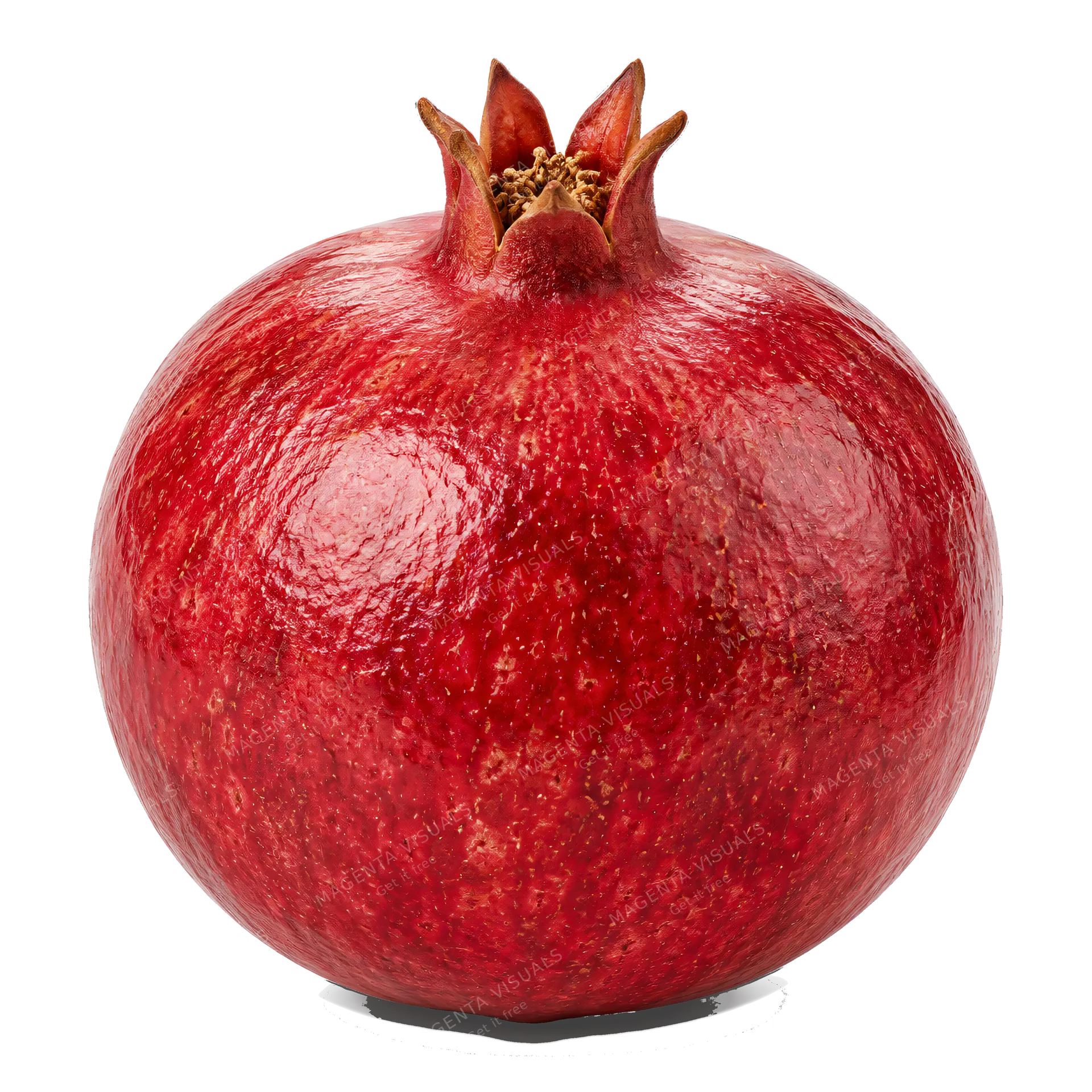 4K transparent cutout of product photography of a single round, deep red whole pomegranate with its distinctive crown-shaped calyx and textured leathery skin, isolated object, entire subject visible, cent…