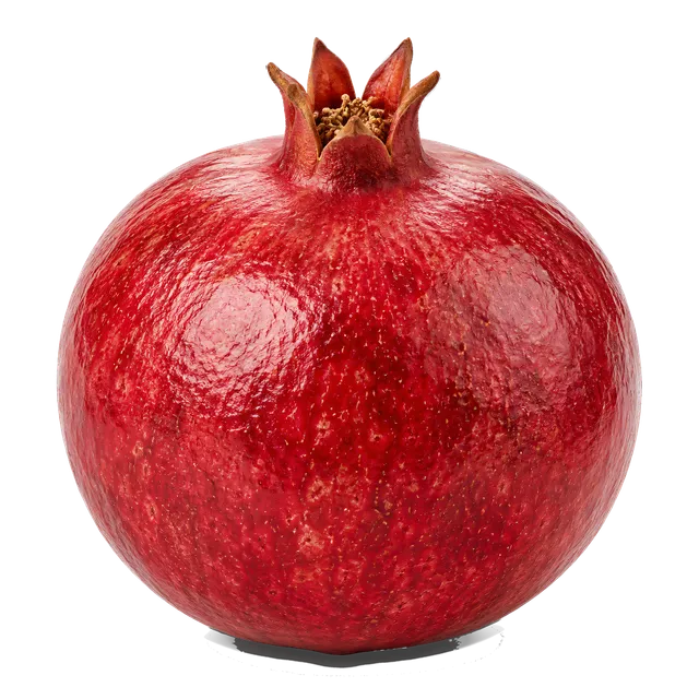 4K transparent cutout of product photography of a single round, deep red whole pomegranate with its distinctive crown-shaped calyx and textured leathery skin, isolated object, entire subject visible, cent…