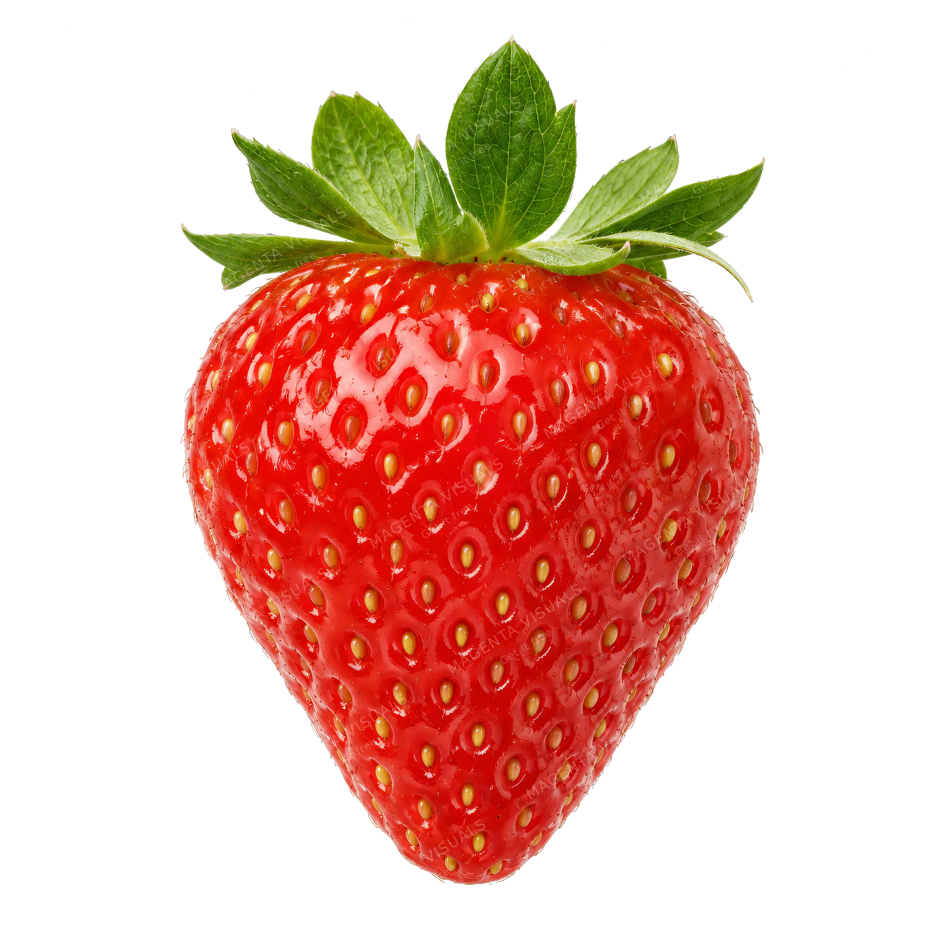 4K transparent cutout of product photography of a single plump, bright red whole strawberry with small surface seeds and a fresh green leafy stem, isolated object, entire subject visible, centered in fram…