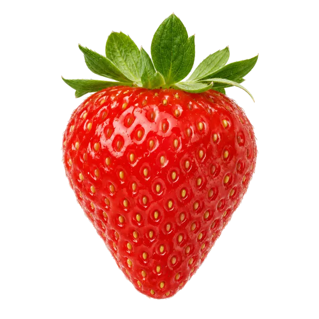 4K transparent cutout of product photography of a single plump, bright red whole strawberry with small surface seeds and a fresh green leafy stem, isolated object, entire subject visible, centered in fram…