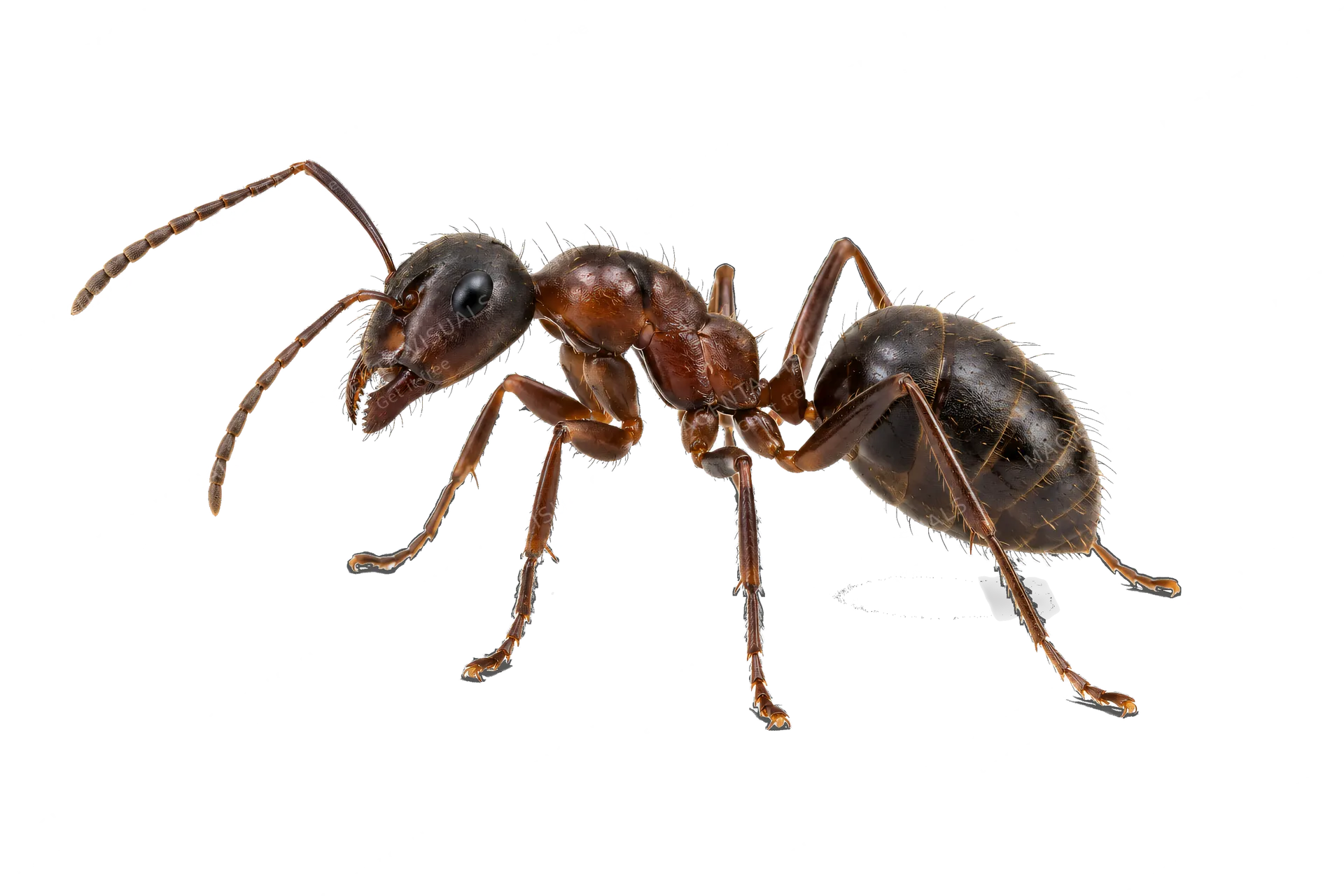 4K transparent cutout of product photography of a single ant, dark brown and black body, detailed exoskeleton, defined segments and antennae, isolated object, entire subject visible, centered in frame, st…