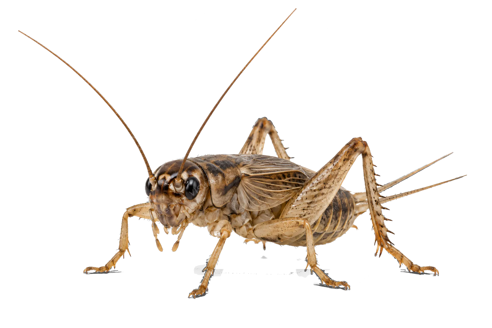 4K transparent cutout of product photography of a single cricket, isolated object, entire subject visible, centered in frame, standing naturally, pure white background, seamless white backdrop, high key s…