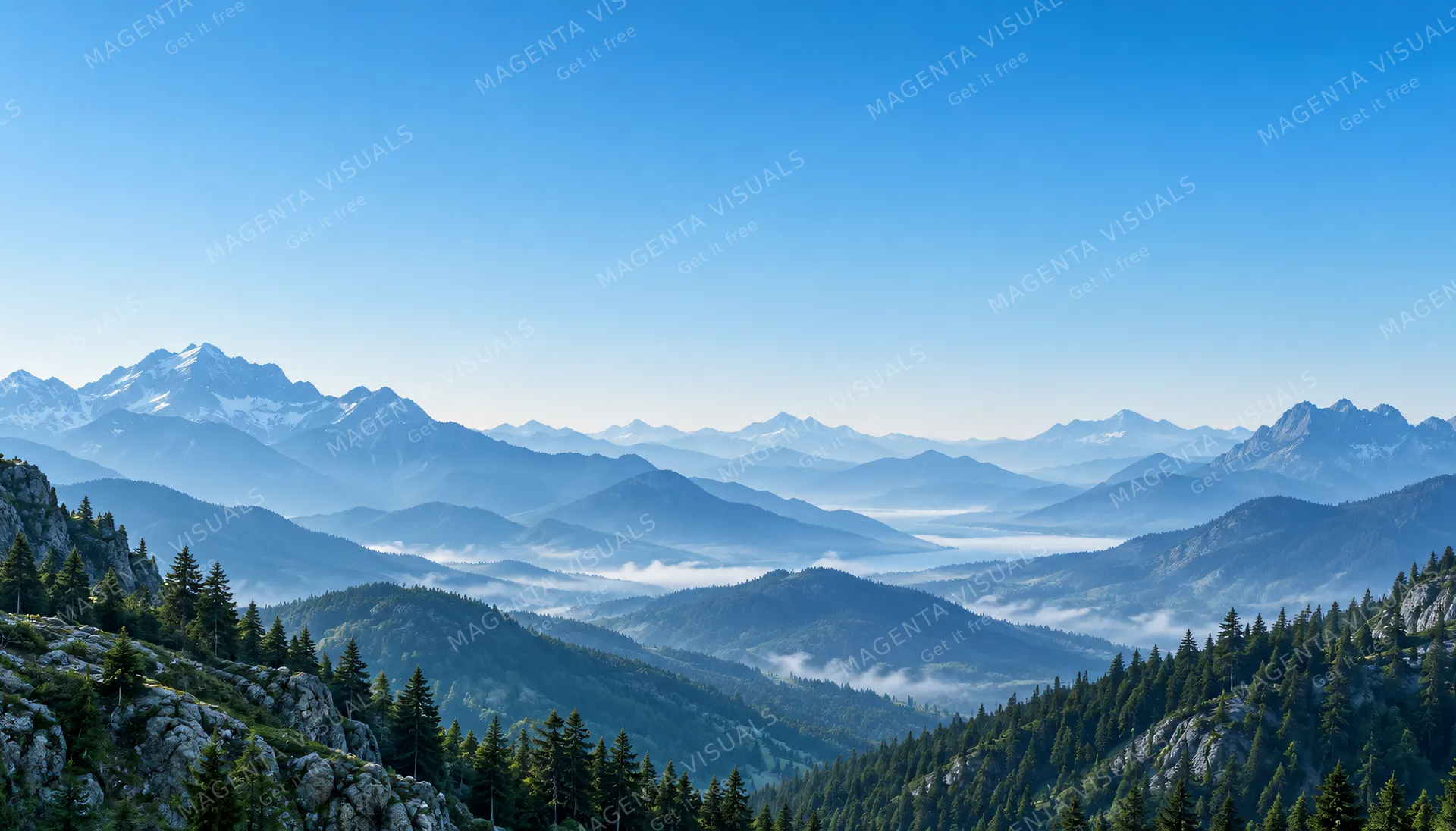 4K 16:9 widescreen background, desktop wallpaper or UI backdrop, full-bleed atmosphere of layered mountain ridges fading into blue haze, large empty sky, painterly photoreal vista us…