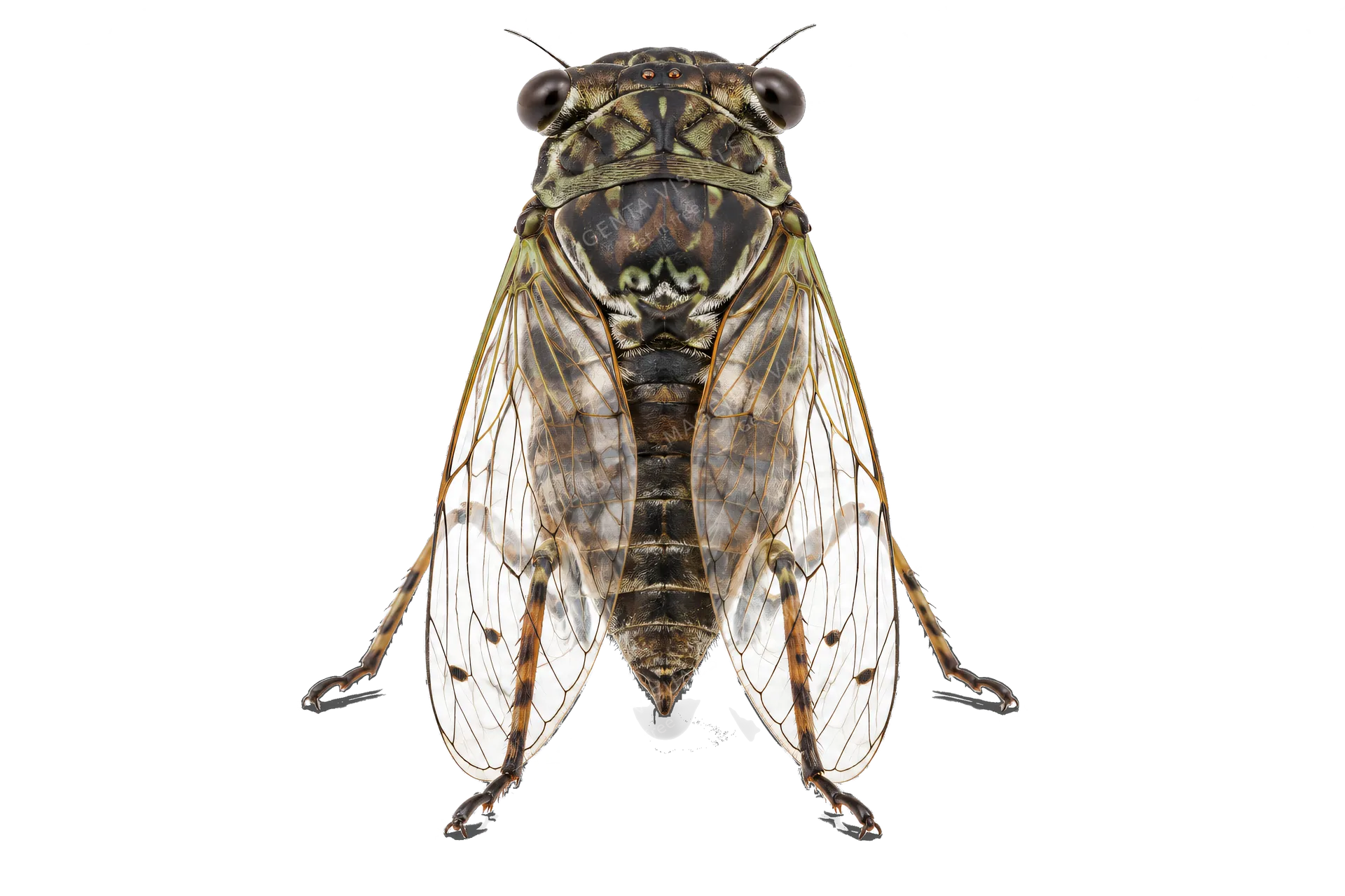 4K transparent cutout of product photography of a single cicada with transparent veined wings and prominent eyes, isolated object, entire subject visible, centered in frame, standing naturally, pure white…