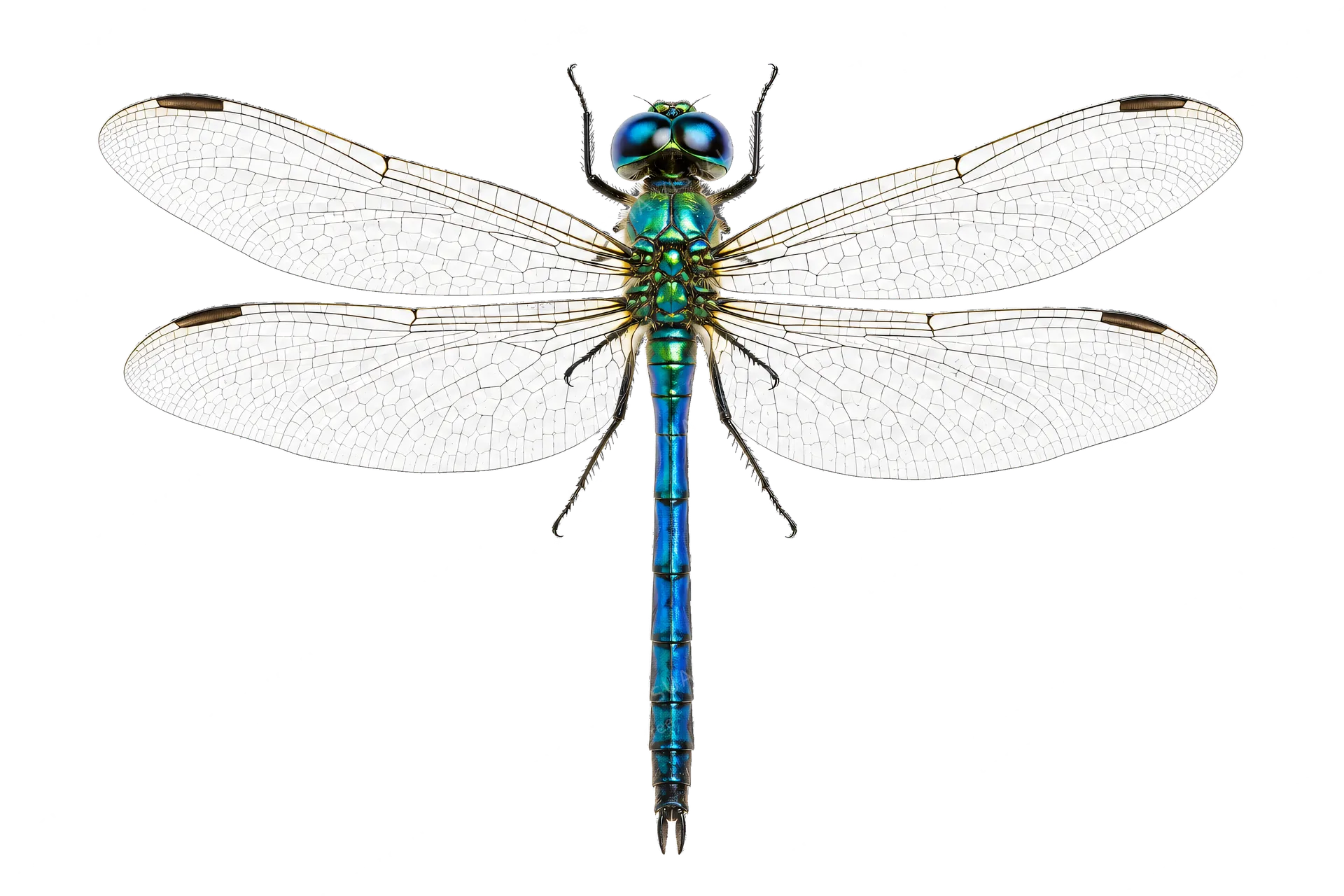 4K transparent cutout of product photography of a single dragonfly with iridescent metallic blue and green body and delicate transparent veined wings, isolated object, entire subject visible, centered in…
