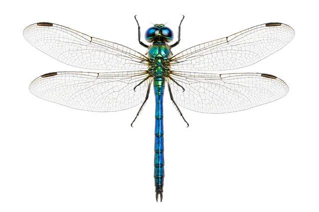 4K transparent cutout of product photography of a single dragonfly with iridescent metallic blue and green body and delicate transparent veined wings, isolated object, entire subject visible, centered in…