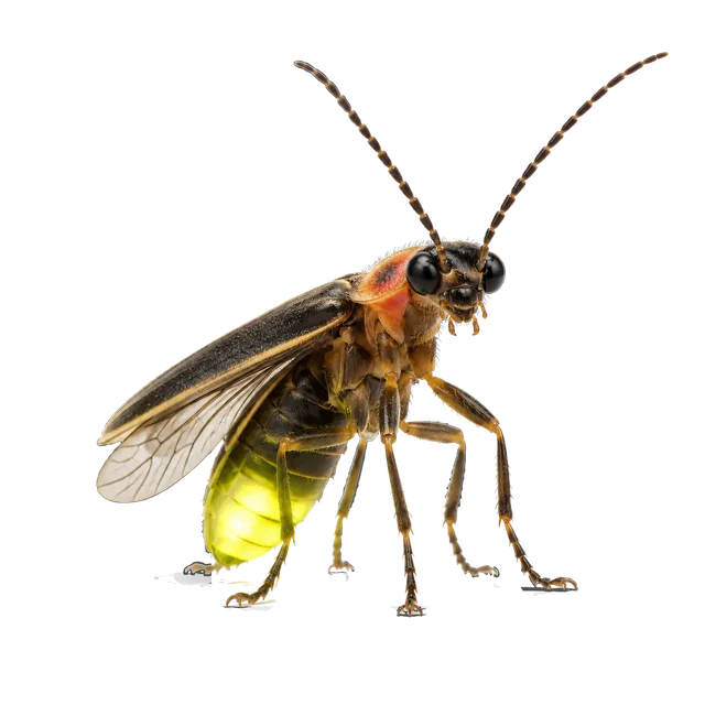 4K transparent cutout of product photography of a single firefly with a bioluminescent abdomen and delicate wings, isolated object, entire subject visible, centered in frame, standing naturally, pure whit…