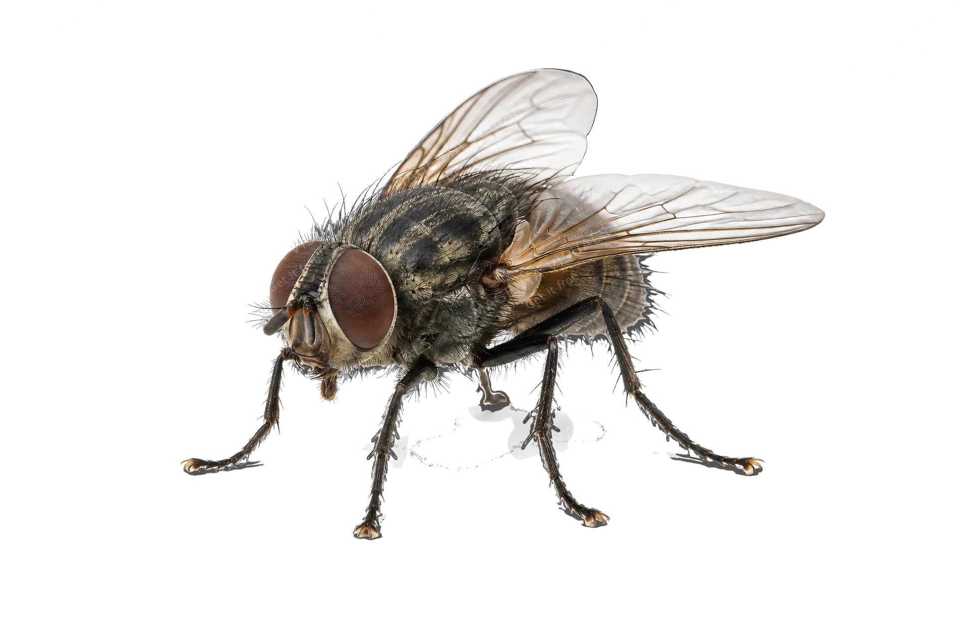 4K transparent cutout of product photography of a single common housefly, isolated object, entire subject visible, centered in frame, standing naturally, pure white background, seamless white backdrop, hi…