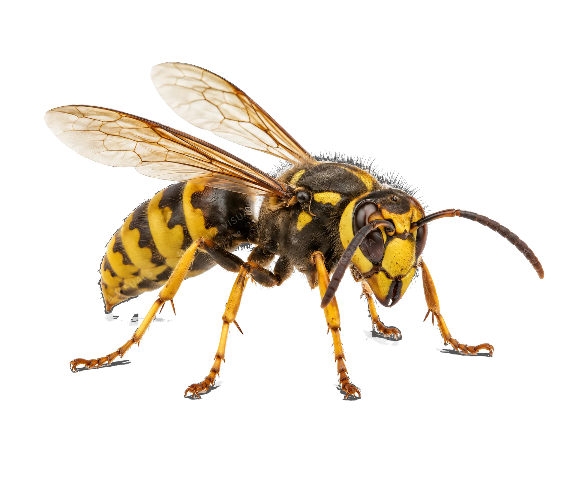 4K transparent cutout of product photography of a single hornet with black and yellow bands and distinct wings, isolated object, entire subject visible, centered in frame, standing naturally, pure white b…