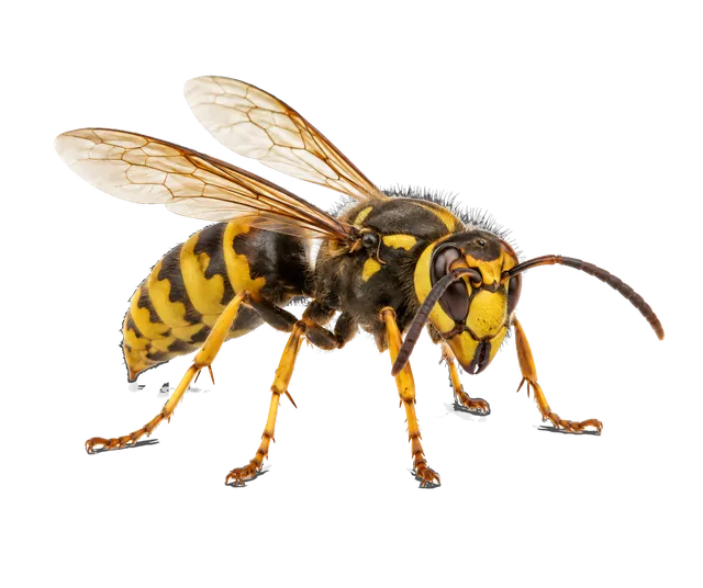 4K transparent cutout of product photography of a single hornet with black and yellow bands and distinct wings, isolated object, entire subject visible, centered in frame, standing naturally, pure white b…