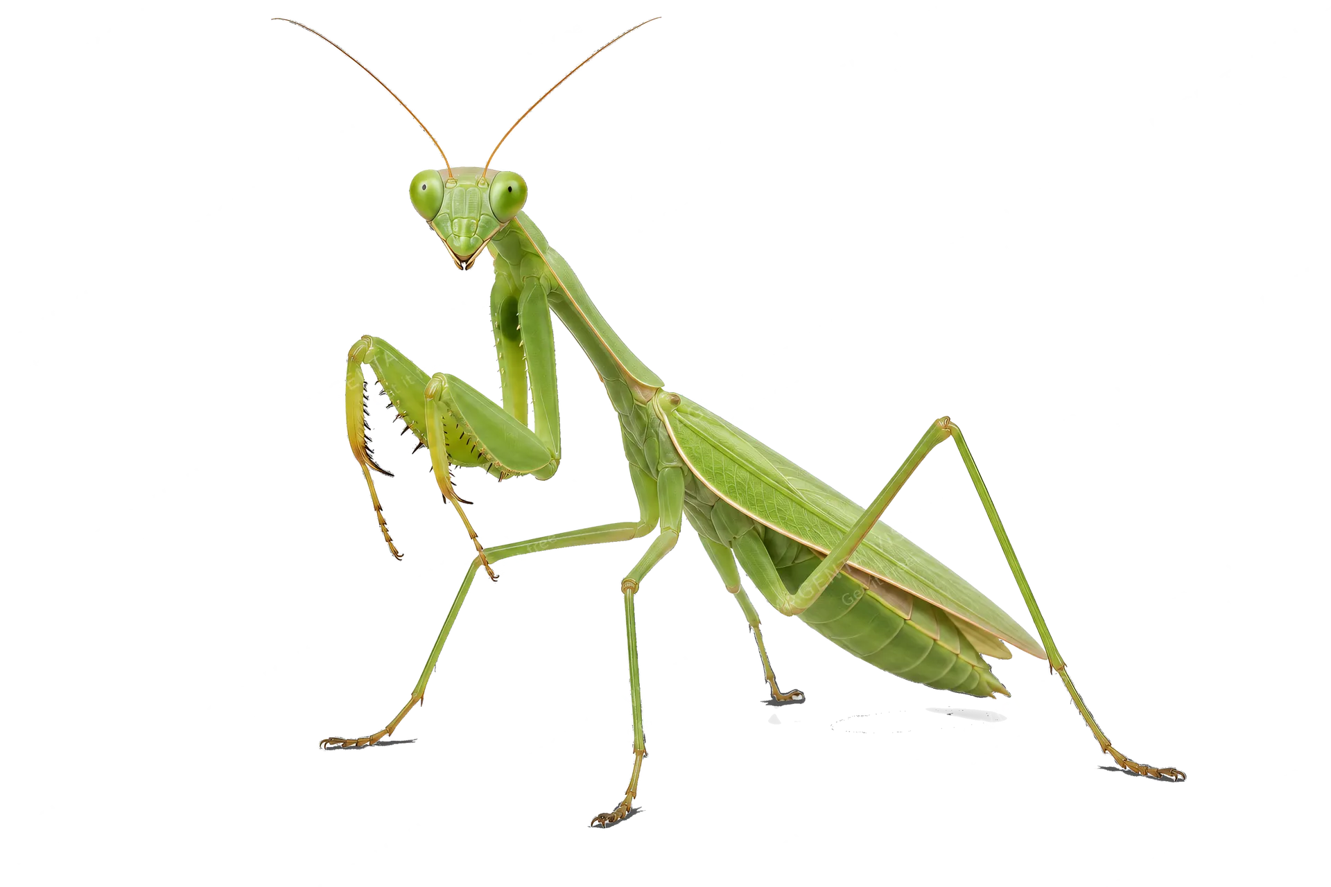 4K transparent cutout of product photography of a single green praying mantis with long slender legs and large compound eyes, isolated object, entire subject visible, centered in frame, standing naturally…