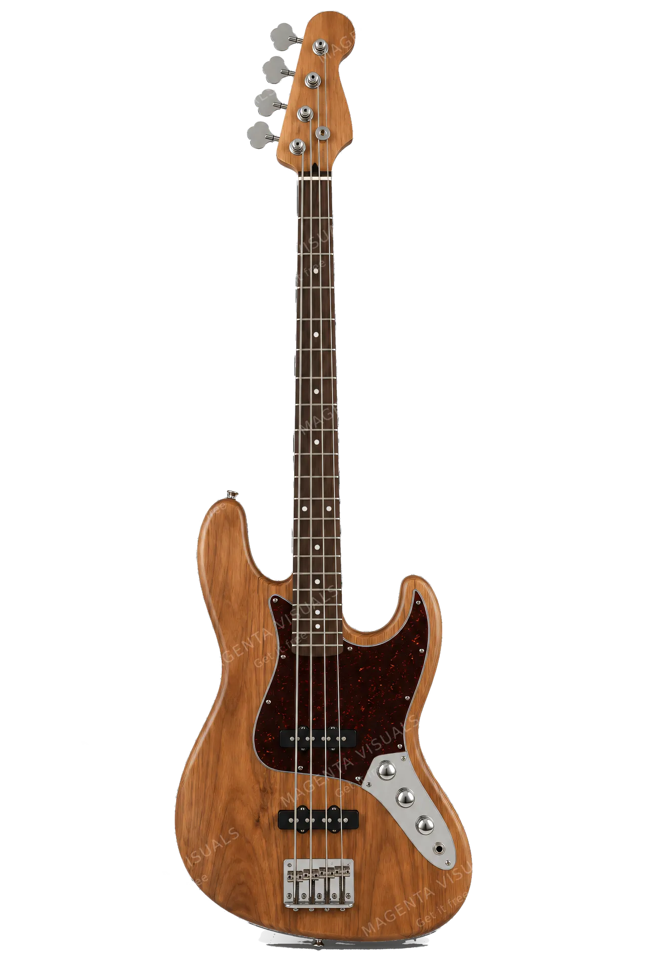 4K transparent cutout of product photography of a single electric bass guitar with 4 strings, solid wood body, tuning pegs, and frets, isolated object, entire subject visible, centered in frame, pure whit…