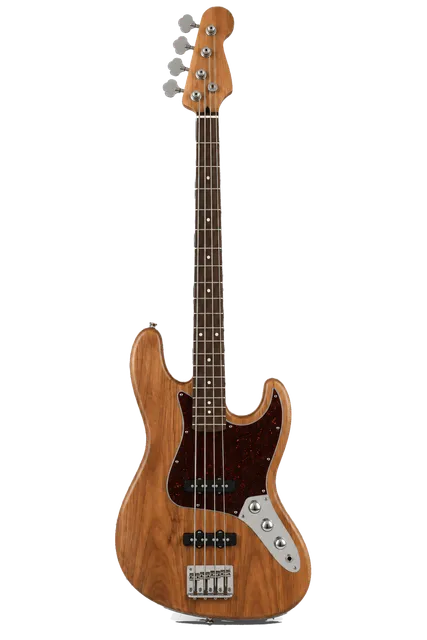 4K transparent cutout of product photography of a single electric bass guitar with 4 strings, solid wood body, tuning pegs, and frets, isolated object, entire subject visible, centered in frame, pure whit…