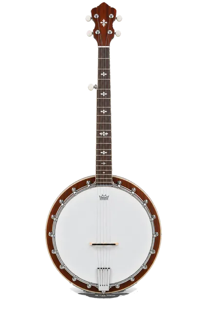 4K transparent cutout of product photography of a single 5-string banjo with a round drum-like body, white frosted head, mahogany resonator and neck, metal tone ring and hardware, fretted fingerboard, and…