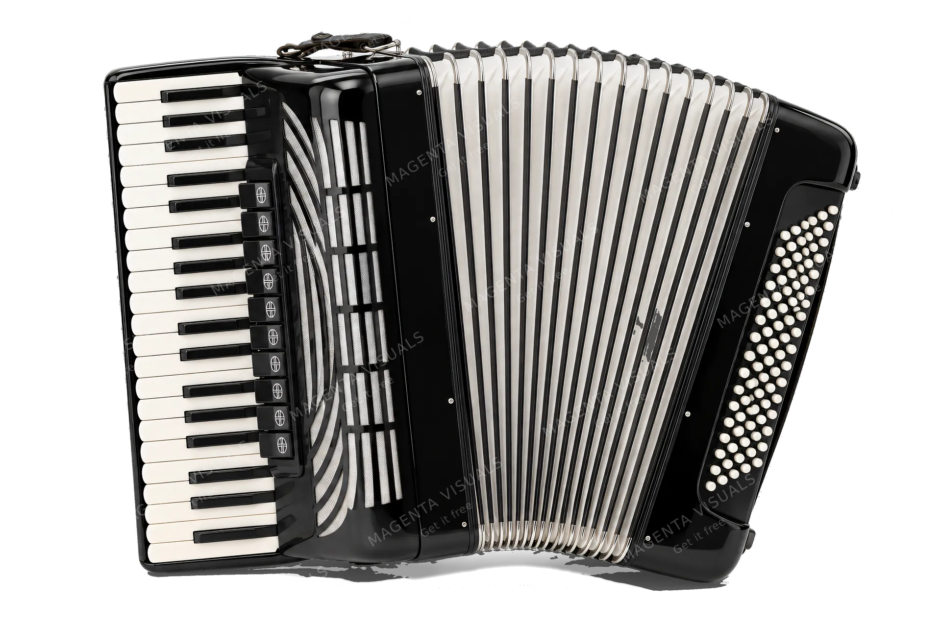 4K transparent cutout of product photography of a single classic piano accordion with polished black casing, white and black piano keys, multiple register switches, and folded white bellows with black tri…