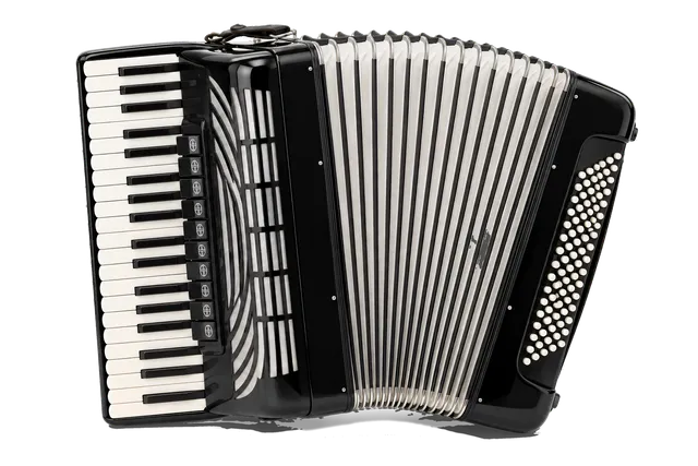 4K transparent cutout of product photography of a single classic piano accordion with polished black casing, white and black piano keys, multiple register switches, and folded white bellows with black tri…